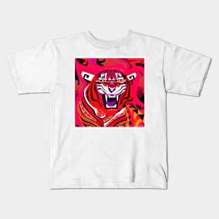 white tiger art in zentangle totonac ecopop in red Kids T-Shirt